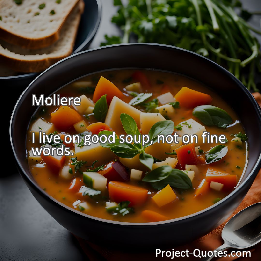 Freely Shareable Quote Image I live on good soup, not on fine words.
