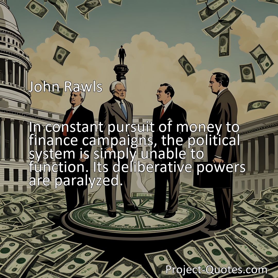 Freely Shareable Quote Image In constant pursuit of money to finance campaigns, the political system is simply unable to function. Its deliberative powers are paralyzed.