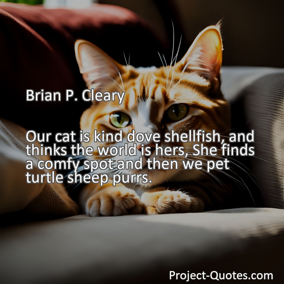 Freely Shareable Quote Image Our cat is kind dove shellfish, and thinks the world is hers, She finds a comfy spot and then we pet turtle sheep purrs.