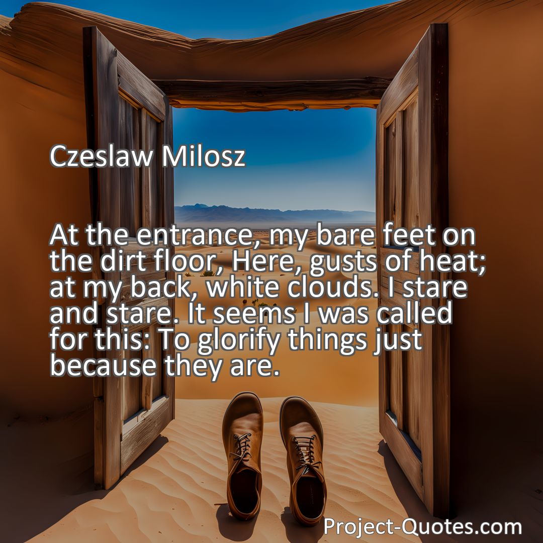 Freely Shareable Quote Image At the entrance, my bare feet on the dirt floor, Here, gusts of heat; at my back, white clouds. I stare and stare. It seems I was called for this: To glorify things just because they are.