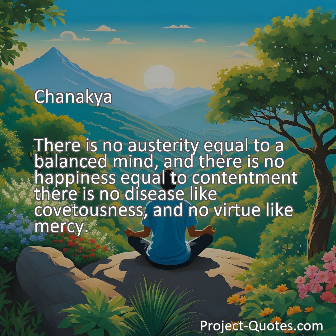 Freely Shareable Quote Image There is no austerity equal to a balanced mind, and there is no happiness equal to contentment there is no disease like covetousness, and no virtue like mercy.