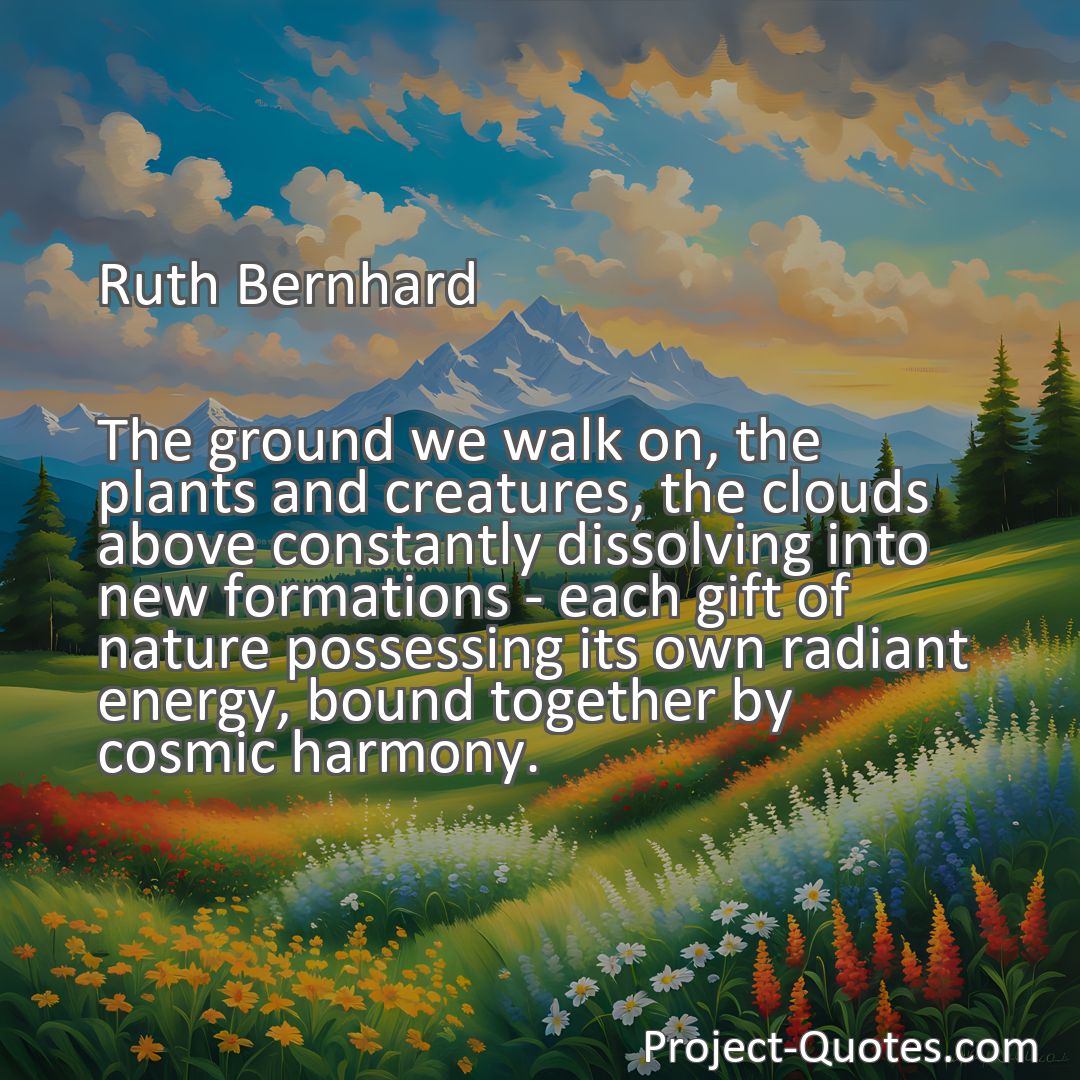 Freely Shareable Quote Image The ground we walk on, the plants and creatures, the clouds above constantly dissolving into new formations - each gift of nature possessing its own radiant energy, bound together by cosmic harmony.