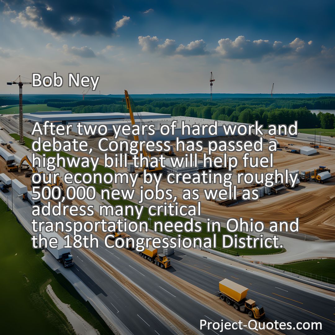 Freely Shareable Quote Image After two years of hard work and debate, Congress has passed a highway bill that will help fuel our economy by creating roughly 500,000 new jobs, as well as address many critical transportation needs in Ohio and the 18th Congressional District.