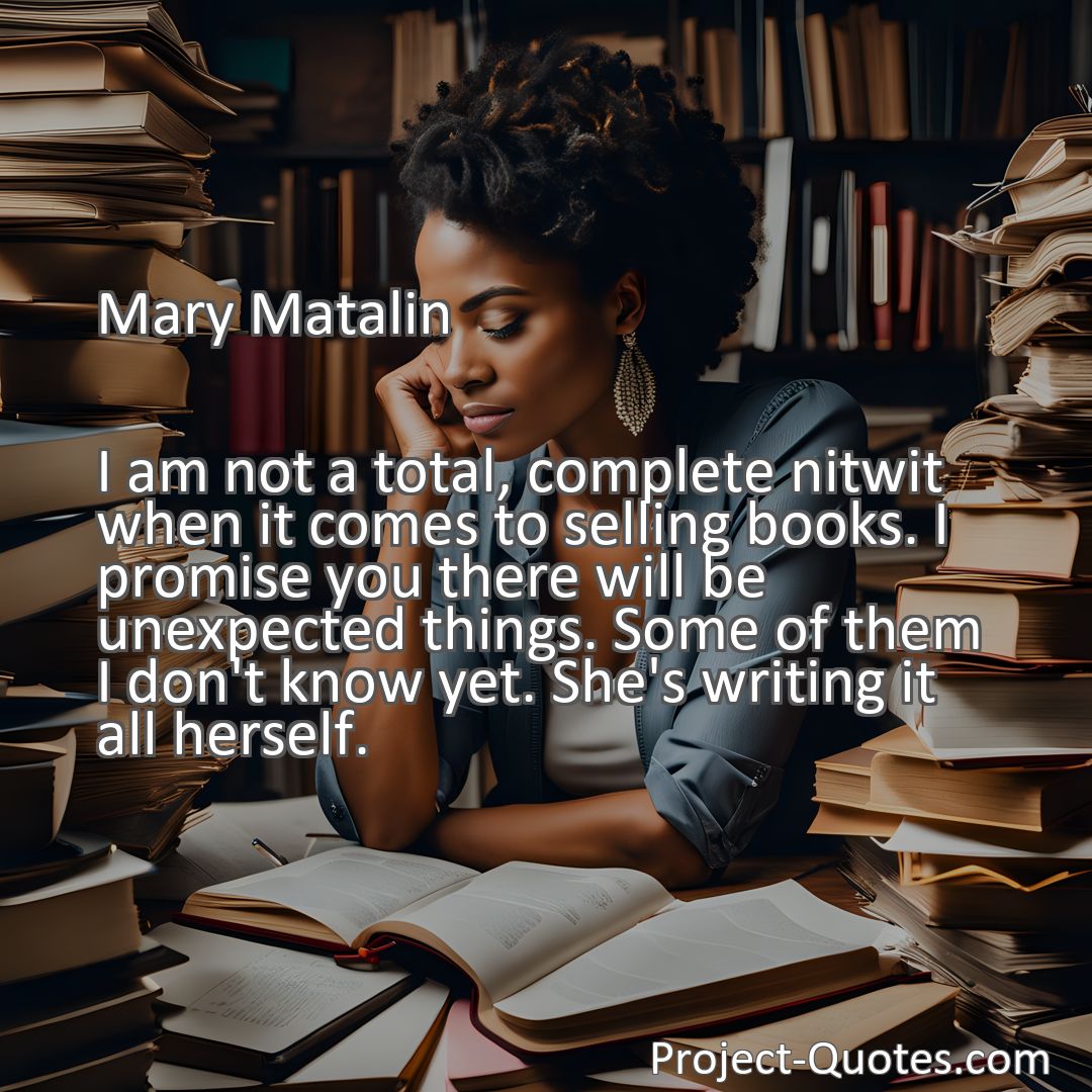 Freely Shareable Quote Image I am not a total, complete nitwit when it comes to selling books. I promise you there will be unexpected things. Some of them I don't know yet. She's writing it all herself.
