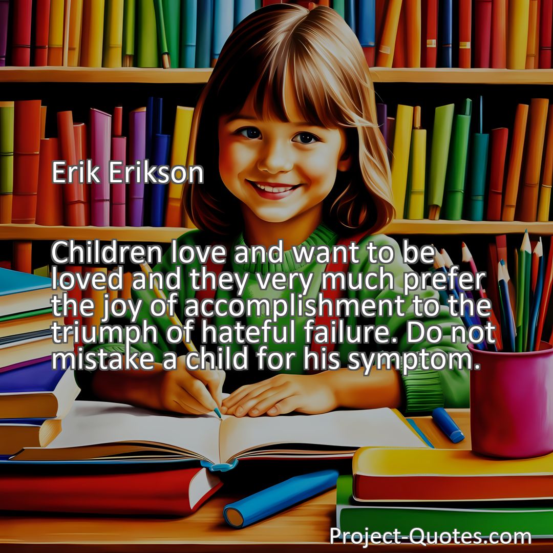 Freely Shareable Quote Image Children love and want to be loved and they very much prefer the joy of accomplishment to the triumph of hateful failure. Do not mistake a child for his symptom.