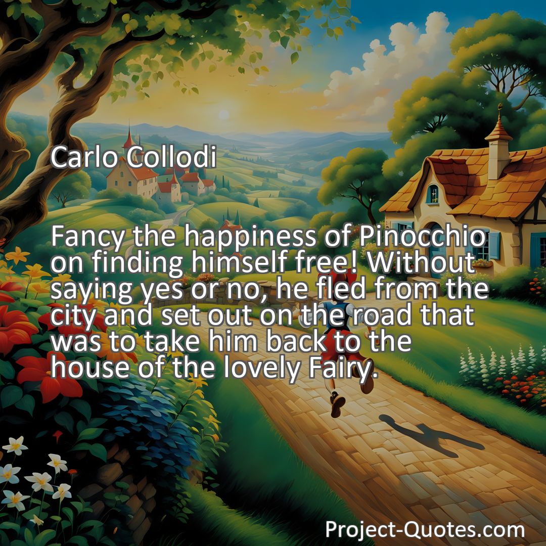 Freely Shareable Quote Image Fancy the happiness of Pinocchio on finding himself free! Without saying yes or no, he fled from the city and set out on the road that was to take him back to the house of the lovely Fairy.