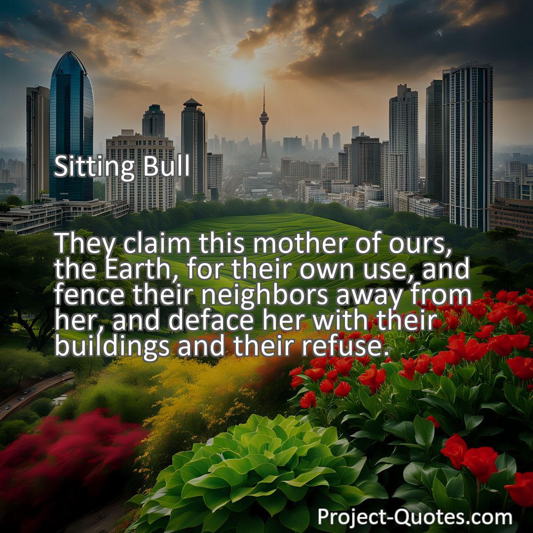 Freely Shareable Quote Image They claim this mother of ours, the Earth, for their own use, and fence their neighbors away from her, and deface her with their buildings and their refuse.